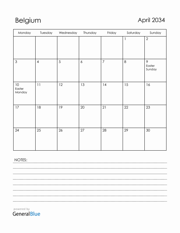 April 2034 Belgium Calendar with Holidays (Monday Start)