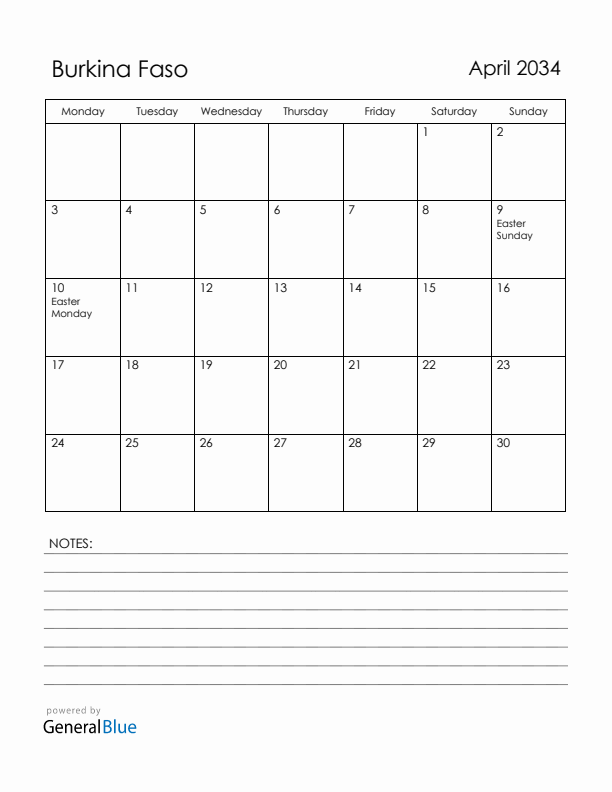 April 2034 Burkina Faso Calendar with Holidays (Monday Start)