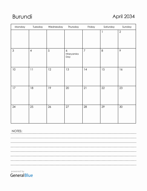 April 2034 Burundi Calendar with Holidays (Monday Start)