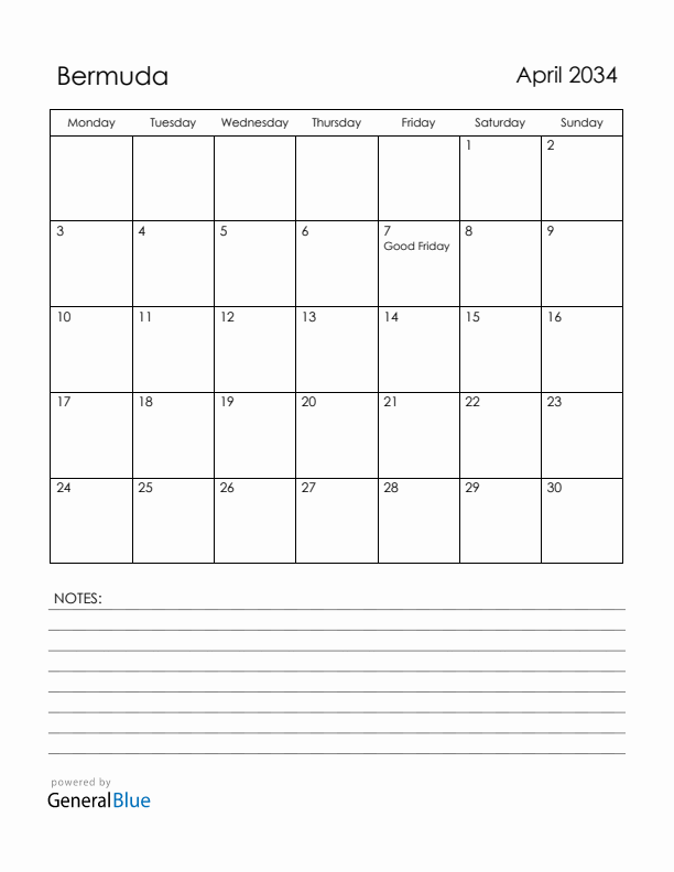 April 2034 Bermuda Calendar with Holidays (Monday Start)