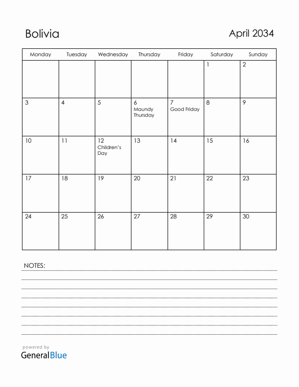 April 2034 Bolivia Calendar with Holidays (Monday Start)