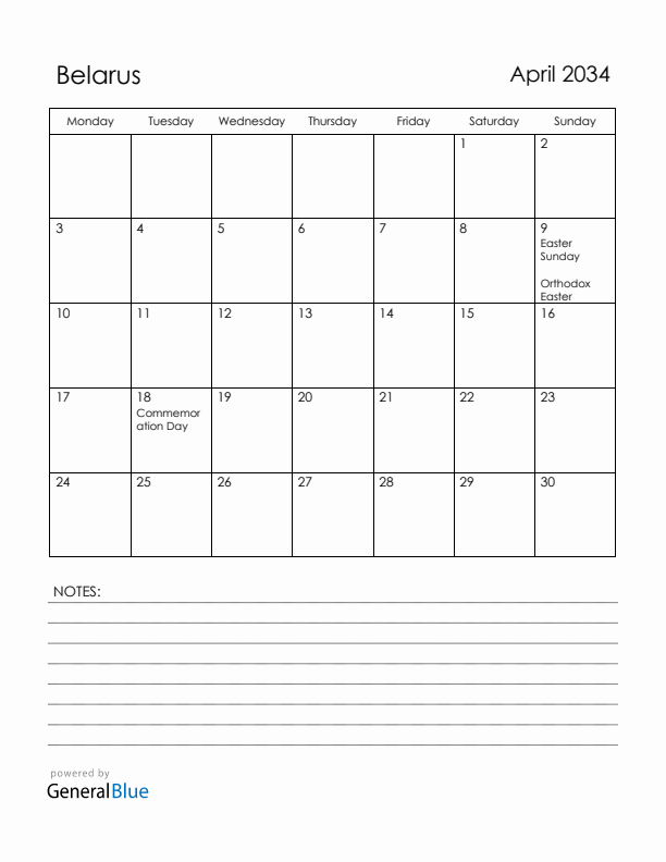 April 2034 Belarus Calendar with Holidays (Monday Start)