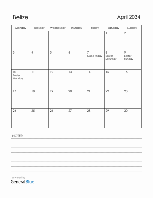 April 2034 Belize Calendar with Holidays (Monday Start)