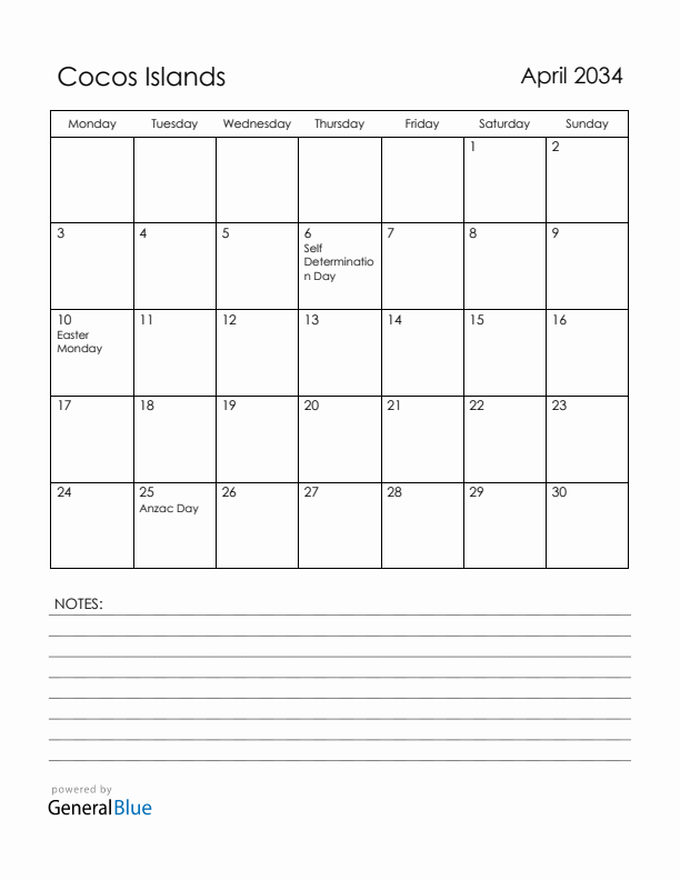 April 2034 Cocos Islands Calendar with Holidays (Monday Start)