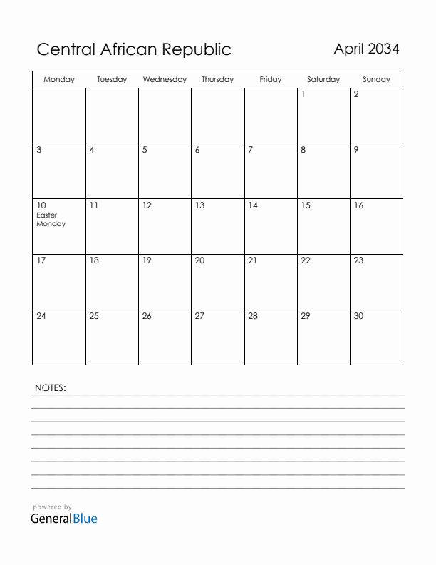 April 2034 Central African Republic Calendar with Holidays (Monday Start)