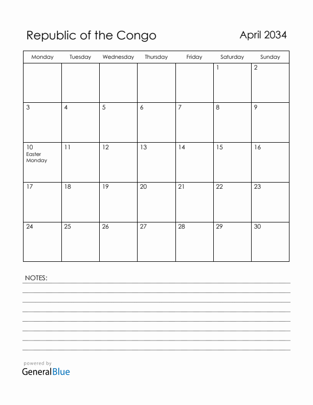 April 2034 Republic of the Congo Calendar with Holidays (Monday Start)