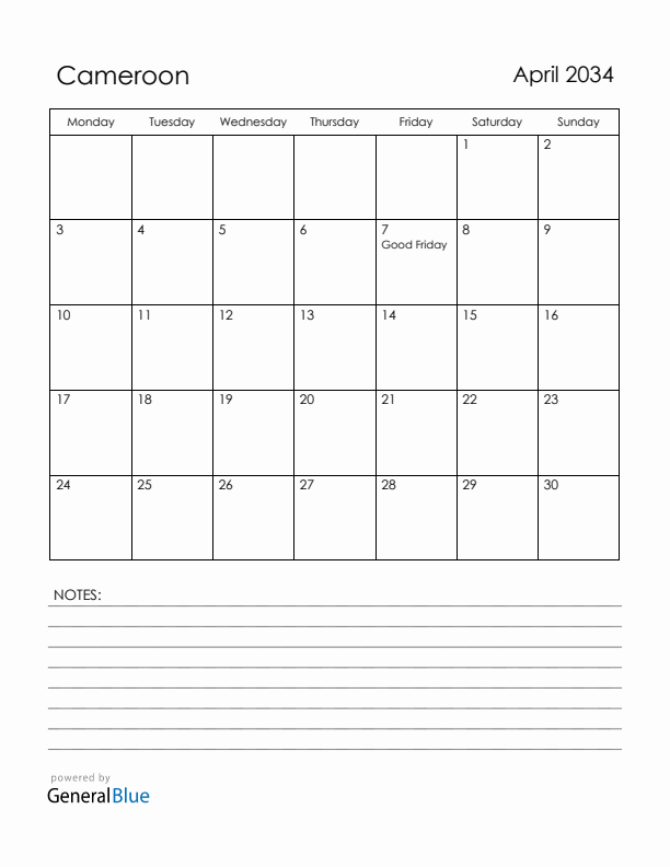 April 2034 Cameroon Calendar with Holidays (Monday Start)