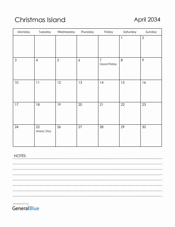 April 2034 Christmas Island Calendar with Holidays (Monday Start)