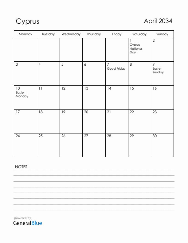 April 2034 Cyprus Calendar with Holidays (Monday Start)