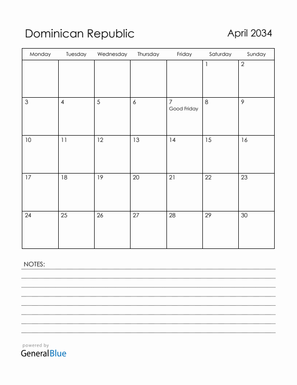 April 2034 Dominican Republic Calendar with Holidays (Monday Start)