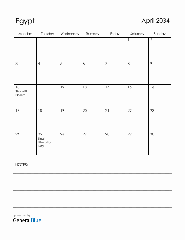 April 2034 Egypt Calendar with Holidays (Monday Start)