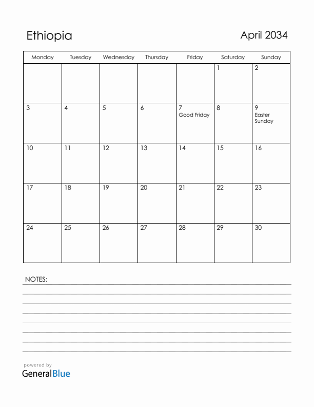 April 2034 Ethiopia Calendar with Holidays (Monday Start)
