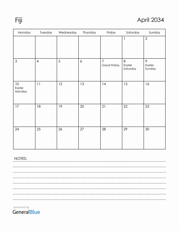 April 2034 Fiji Calendar with Holidays (Monday Start)