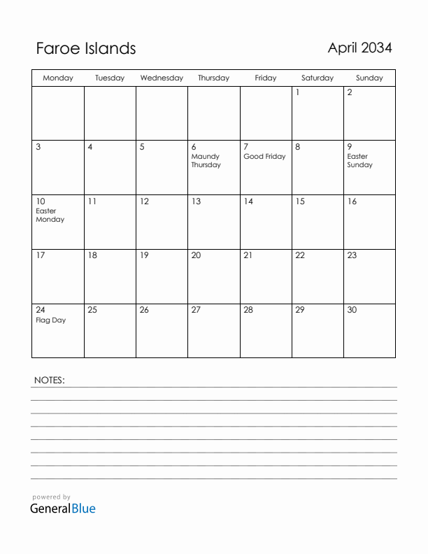 April 2034 Faroe Islands Calendar with Holidays (Monday Start)