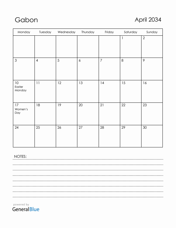 April 2034 Gabon Calendar with Holidays (Monday Start)