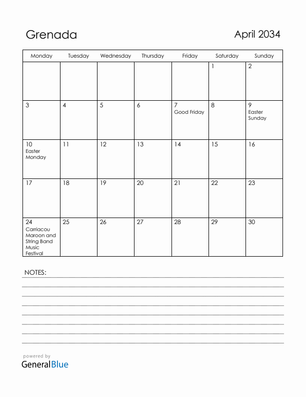 April 2034 Grenada Calendar with Holidays (Monday Start)