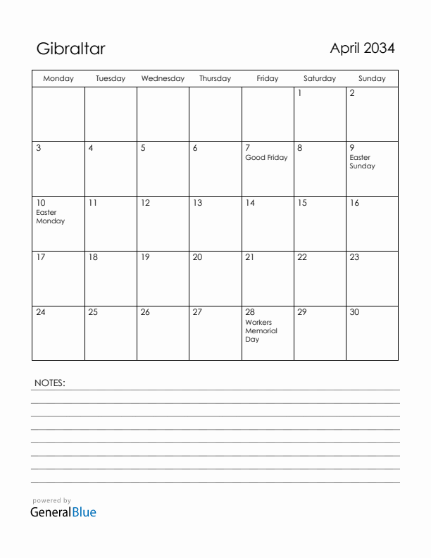April 2034 Gibraltar Calendar with Holidays (Monday Start)