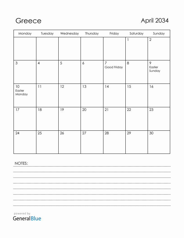 April 2034 Greece Calendar with Holidays (Monday Start)