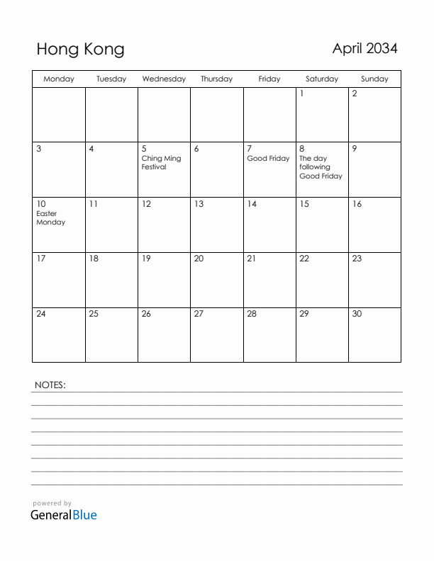 April 2034 Hong Kong Calendar with Holidays (Monday Start)