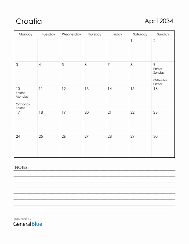 April 2034 Croatia Calendar with Holidays (Monday Start)