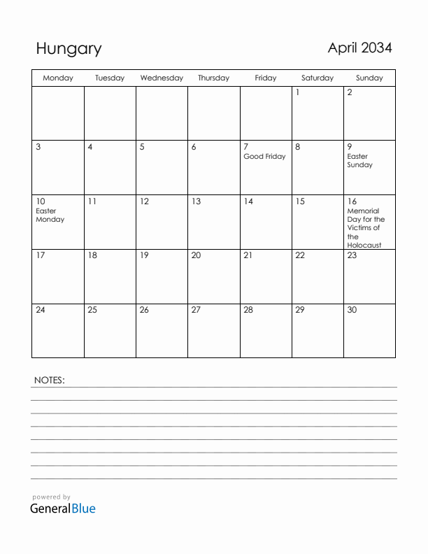 April 2034 Hungary Calendar with Holidays (Monday Start)