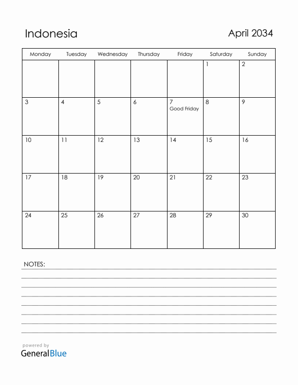 April 2034 Indonesia Calendar with Holidays (Monday Start)