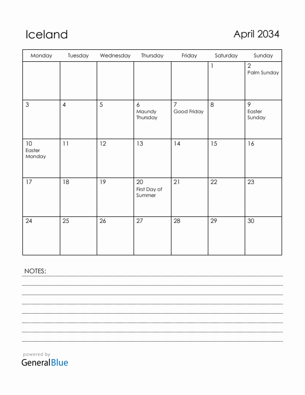 April 2034 Iceland Calendar with Holidays (Monday Start)