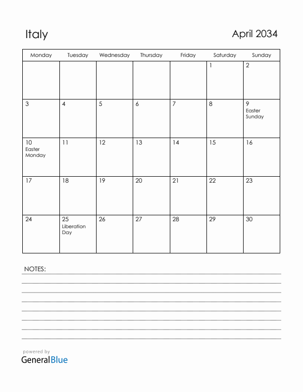 April 2034 Italy Calendar with Holidays (Monday Start)