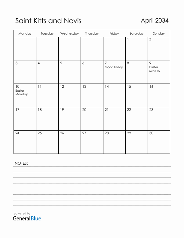 April 2034 Saint Kitts and Nevis Calendar with Holidays (Monday Start)