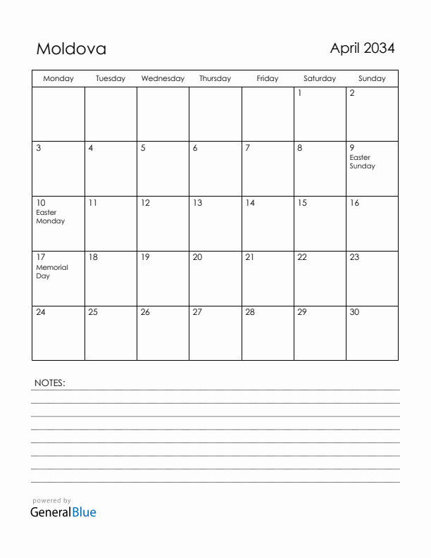 April 2034 Moldova Calendar with Holidays (Monday Start)
