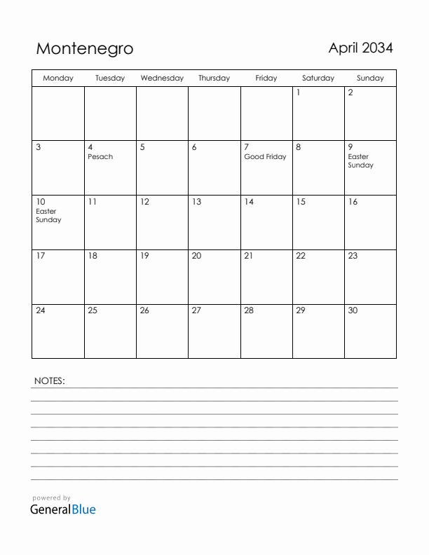 April 2034 Montenegro Calendar with Holidays (Monday Start)