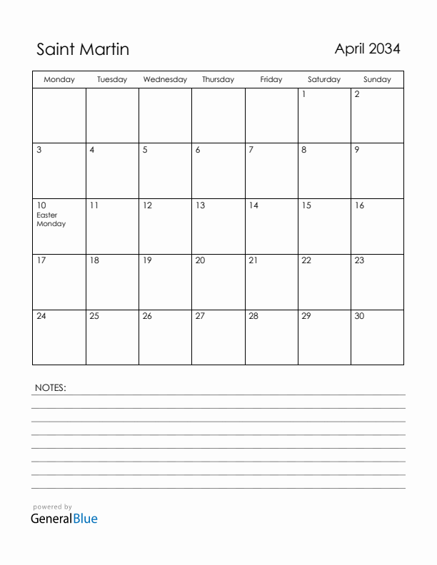 April 2034 Saint Martin Calendar with Holidays (Monday Start)