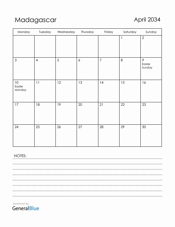 April 2034 Madagascar Calendar with Holidays (Monday Start)
