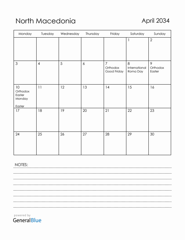 April 2034 North Macedonia Calendar with Holidays (Monday Start)