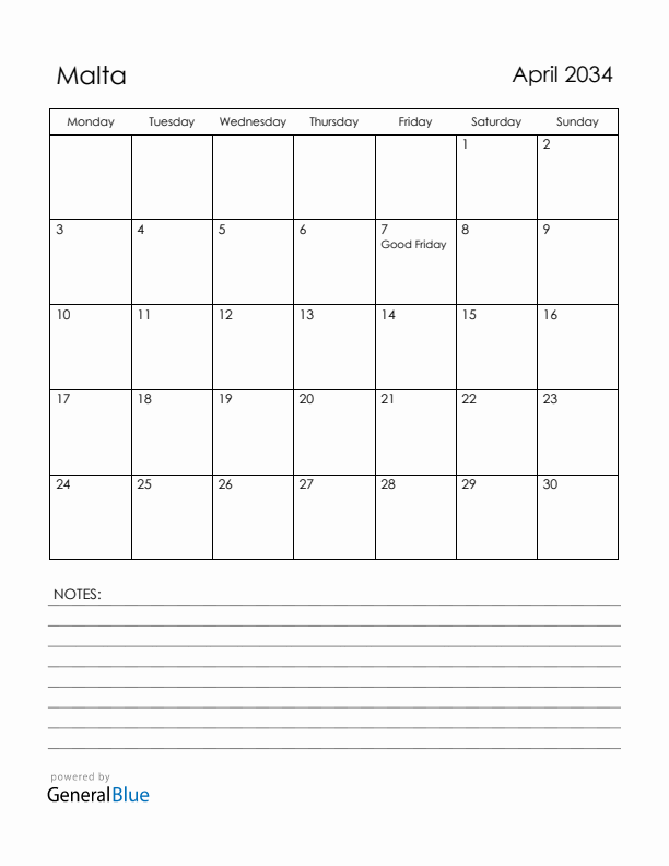 April 2034 Malta Calendar with Holidays (Monday Start)
