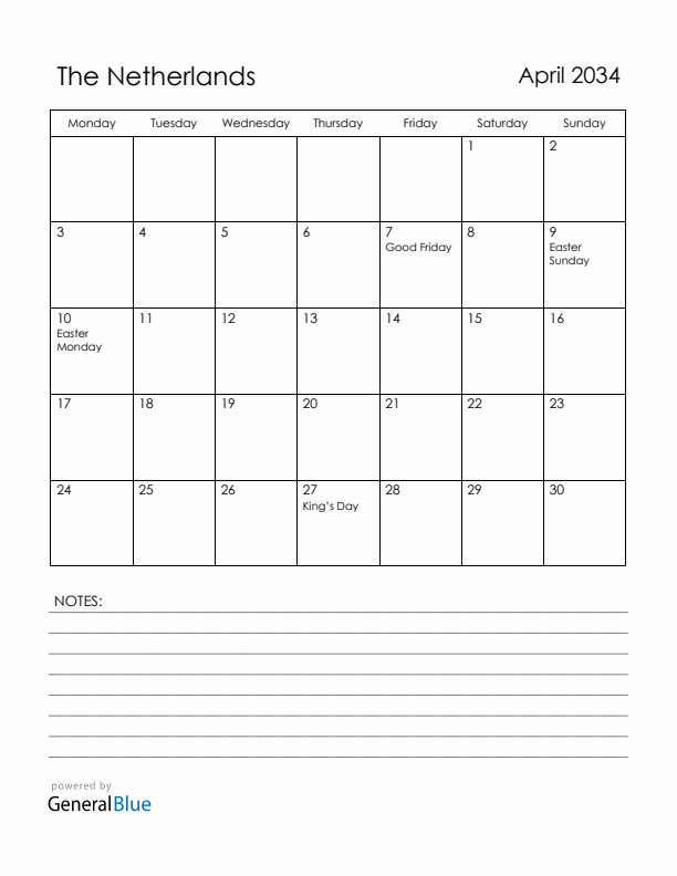 April 2034 The Netherlands Calendar with Holidays (Monday Start)