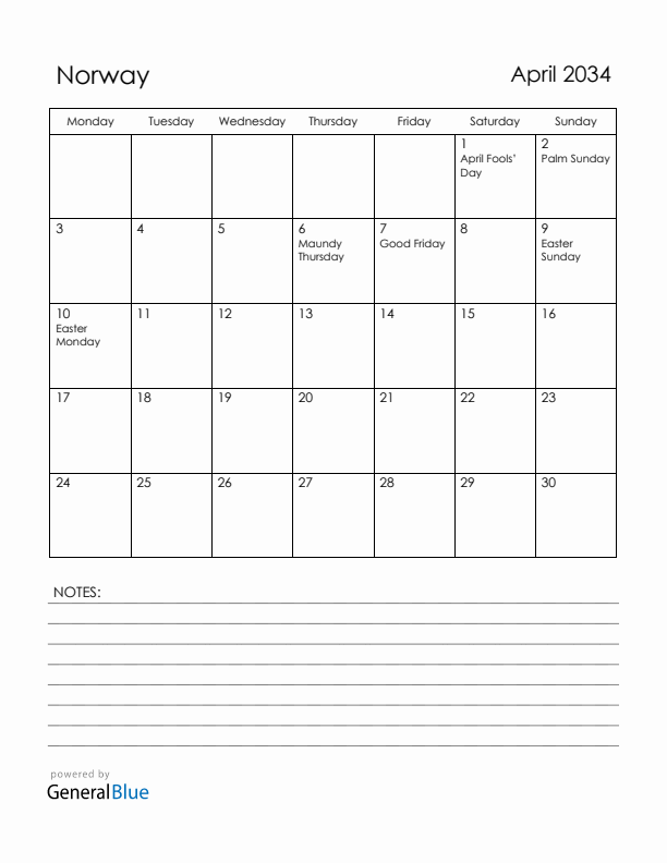 April 2034 Norway Calendar with Holidays (Monday Start)