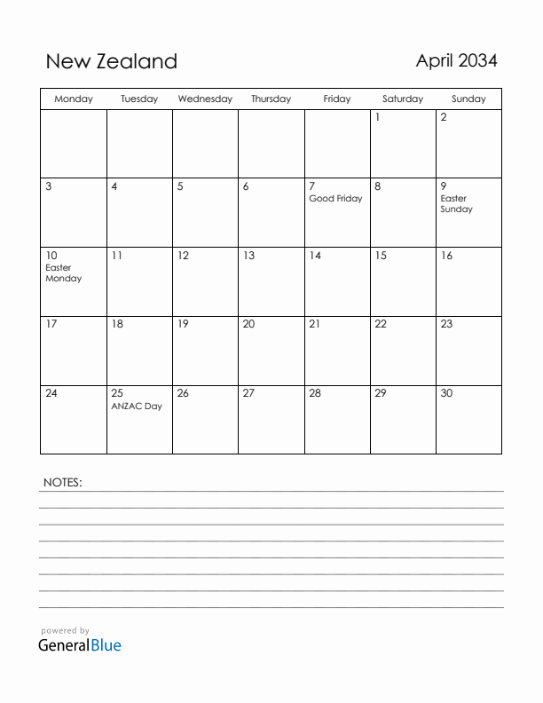 April 2034 New Zealand Calendar with Holidays (Monday Start)