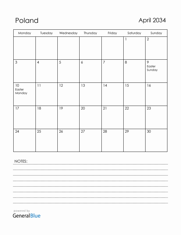 April 2034 Poland Calendar with Holidays (Monday Start)