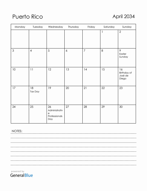 April 2034 Puerto Rico Calendar with Holidays (Monday Start)