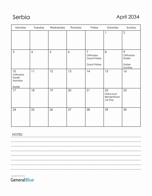 April 2034 Serbia Calendar with Holidays (Monday Start)