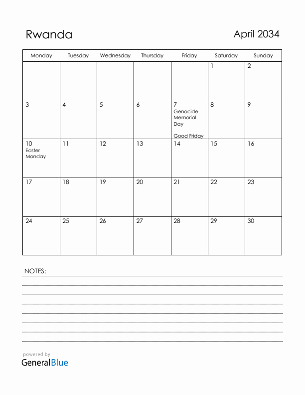 April 2034 Rwanda Calendar with Holidays (Monday Start)