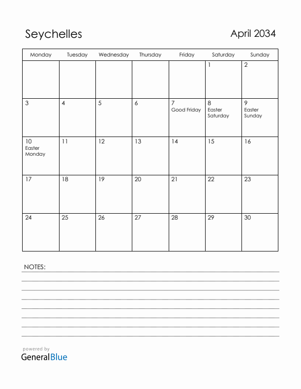 April 2034 Seychelles Calendar with Holidays (Monday Start)