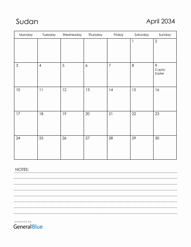 April 2034 Sudan Calendar with Holidays (Monday Start)