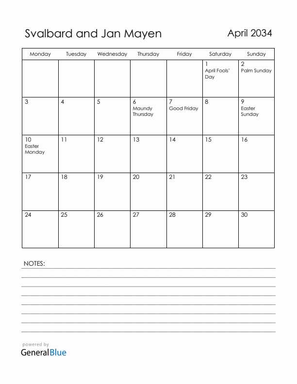 April 2034 Svalbard and Jan Mayen Calendar with Holidays (Monday Start)