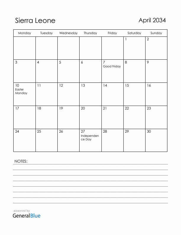 April 2034 Sierra Leone Calendar with Holidays (Monday Start)