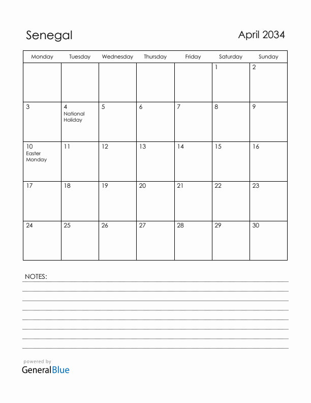 April 2034 Senegal Calendar with Holidays (Monday Start)