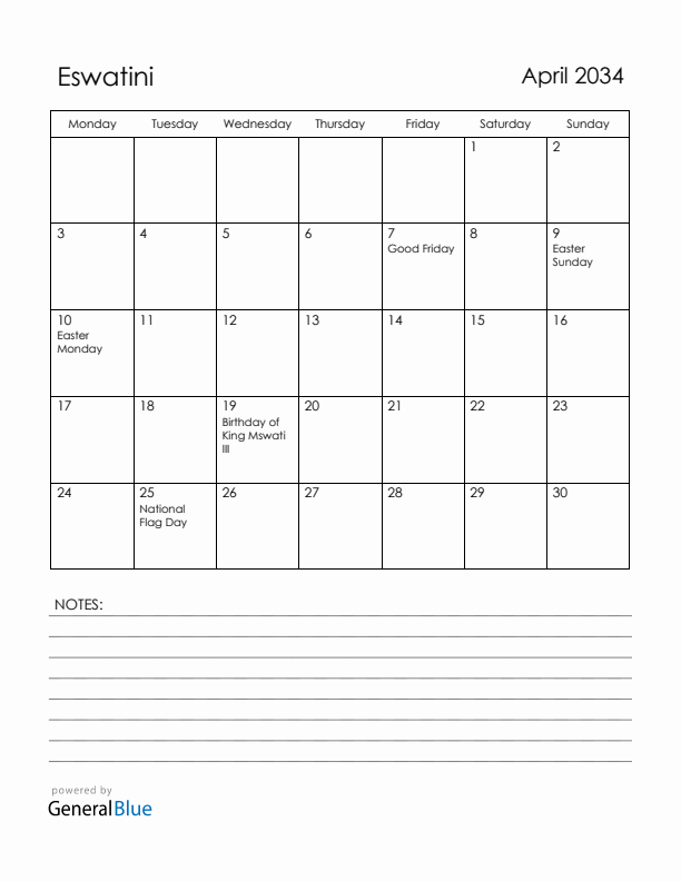 April 2034 Eswatini Calendar with Holidays (Monday Start)