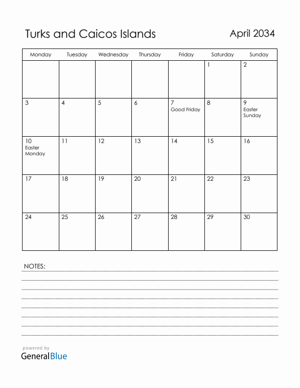 April 2034 Turks and Caicos Islands Calendar with Holidays (Monday Start)