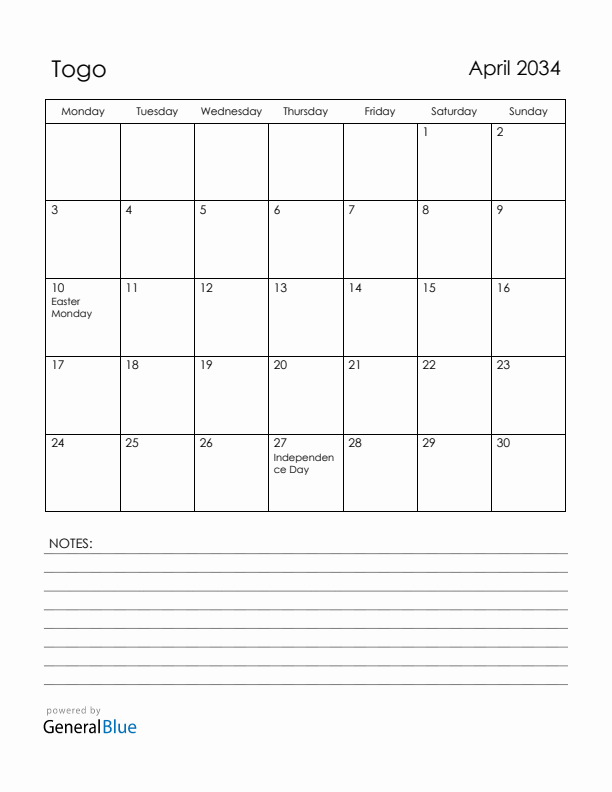 April 2034 Togo Calendar with Holidays (Monday Start)